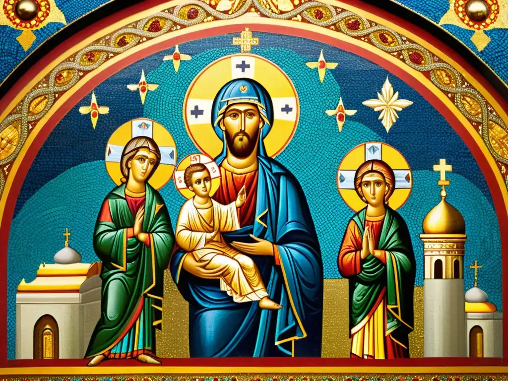 Mosaico bizantino: arte sacro y simbolismo Detallado mosaico bizantino con patrones dorados, figuras religiosas y colores vibrantes, evocando el arte bizantino y su simbolismo religioso