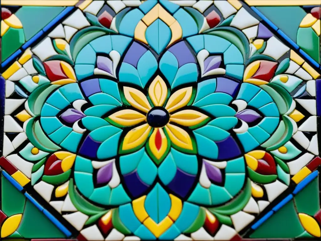 Detallado mosaico árabe de colores vibrantes, reflejando la habilidad artística de mujeres en el arte del mosaico árabe