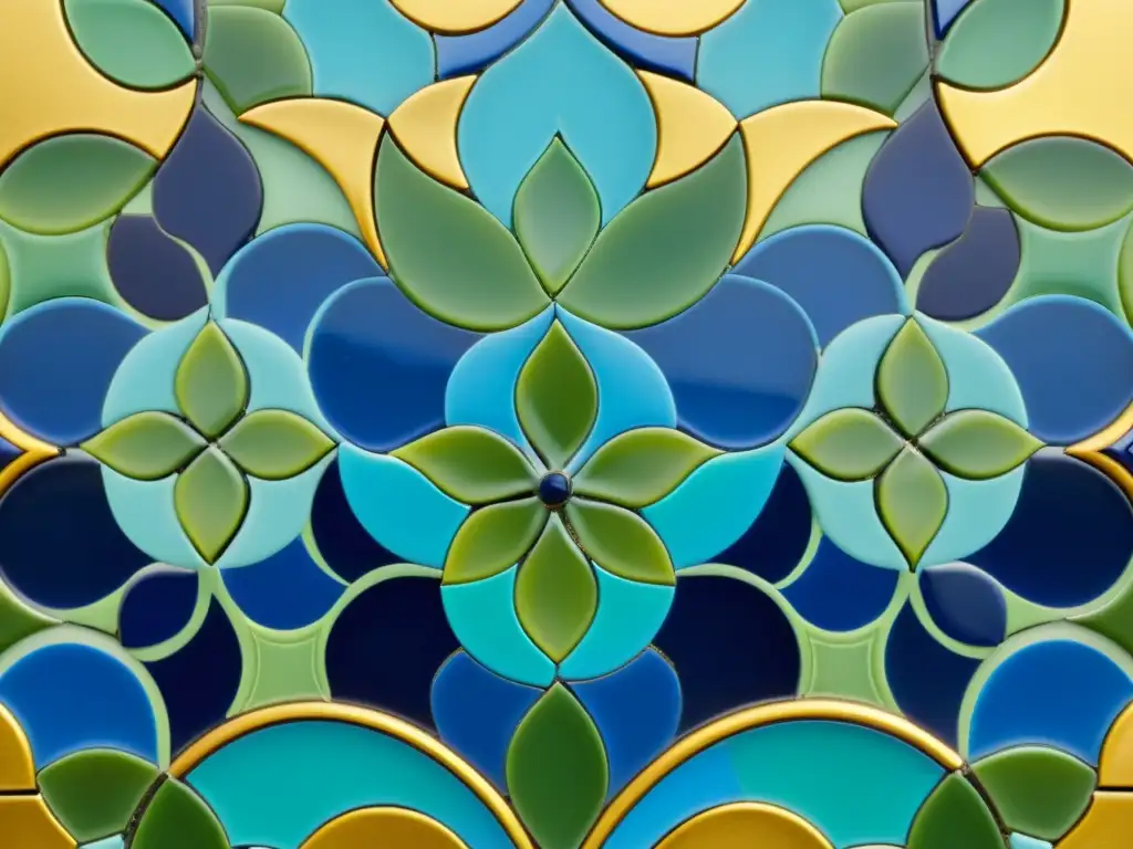 Detallado mosaico árabe vintage con patrón floral en tonos azules, verdes y dorados