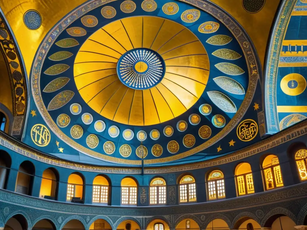 Detallado mosaico en Hagia Sophia con influencia de patrones orientales en arte bizantino, fusionando colores vibrantes y diseños geométricos intrincados