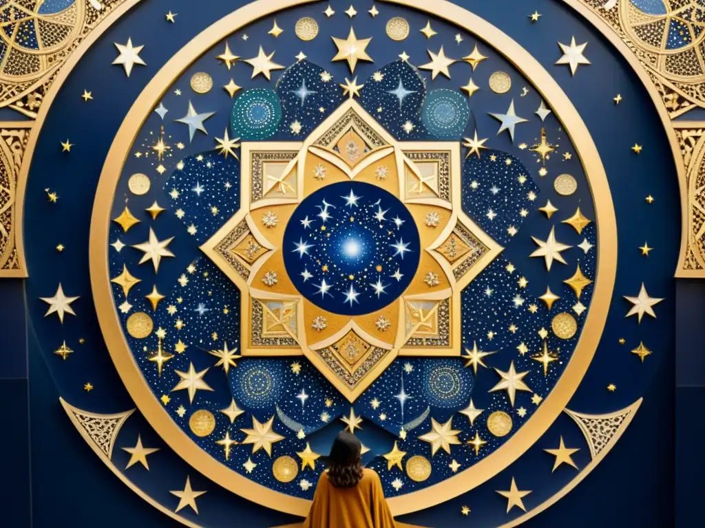 Mosaico árabe celestial: 8k detalle impresionante Detallado mosaico árabe con influencia de la astronomía, patrones geométricos y motivos celestiales en tonos tierra y oro