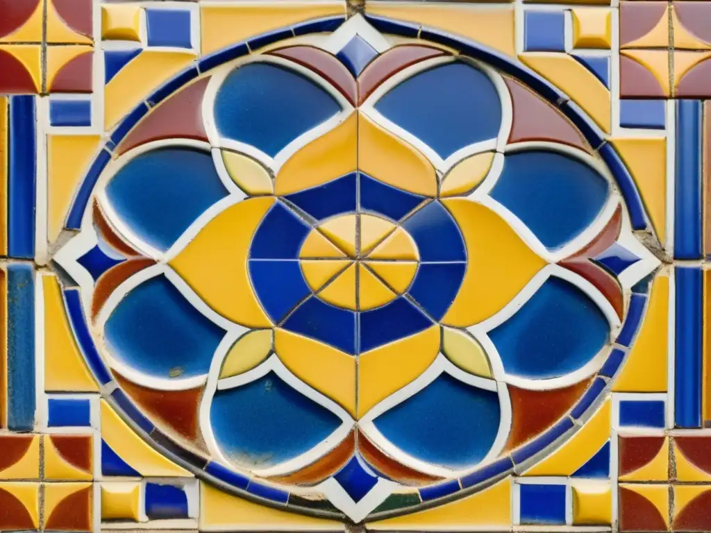 Un detallado patrón de mosaico mediterráneo en tonos vibrantes de azul, rojo y amarillo, evocando historia y artesanía