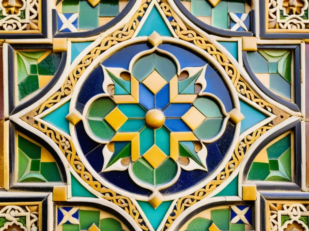 Detallado mosaico árabe en las paredes de la Alhambra, Granada, evocando la belleza atemporal de los mosaicos árabes