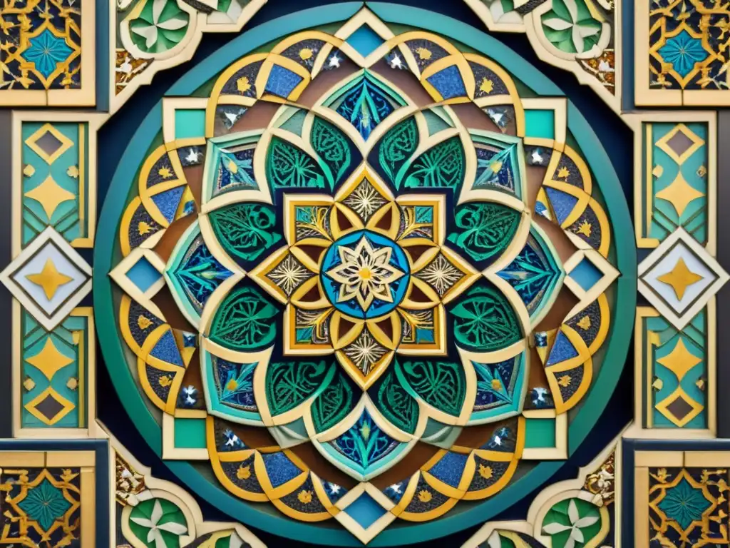 Detallado mosaico de patrones islámicos en geometría sagrada, con diseños interconectados en una representación visual fascinante del arte islámico