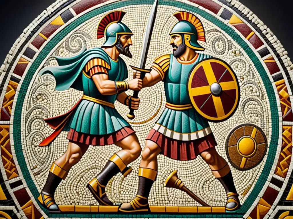 Detallado mosaico romano en 3D con escena de gladiadores en vibrantes colores y patrones intrincados