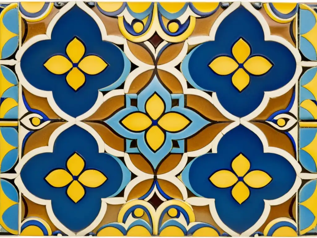 Mosaico vintage: Patrón floral en azules, amarillos y marrones Detallado patrón de mosaico vintage con azulejos de colores vibrantes y formas florales, evocando elegancia y artesanía