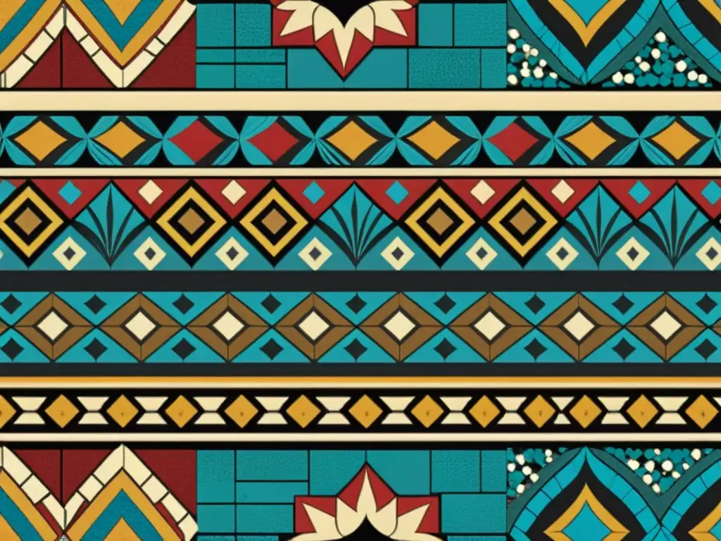 Detallado mosaico vintage con patrones étnicos y colores terrosos, evocando exploración artística y tradiciones multiculturales