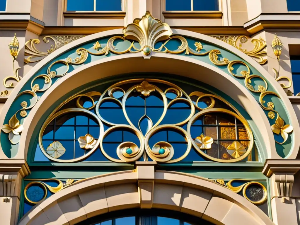 Detallado mural Art Nouveau con patrones florales en tonos tierra y toques de oro, en la fachada de un edificio histórico europeo