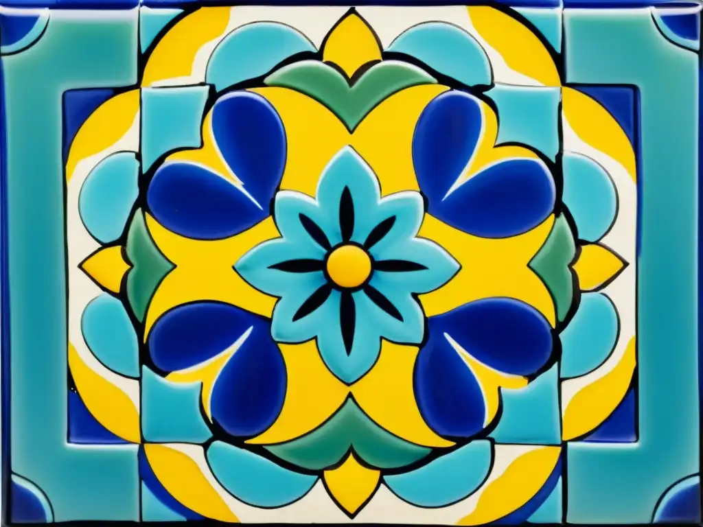 Detallado mural de azulejos mexicanos Talavera en azul, turquesa y amarillo mostaza, con patrones florales y geométricos