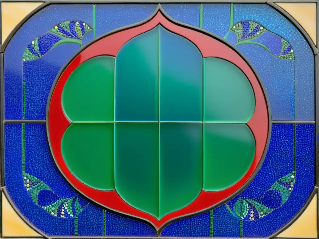 Detallado panel de mosaico árabe de la dinastía Nasrid, con patrones geométricos y motivos florales en tonos vibrantes de azul, verde y carmesí