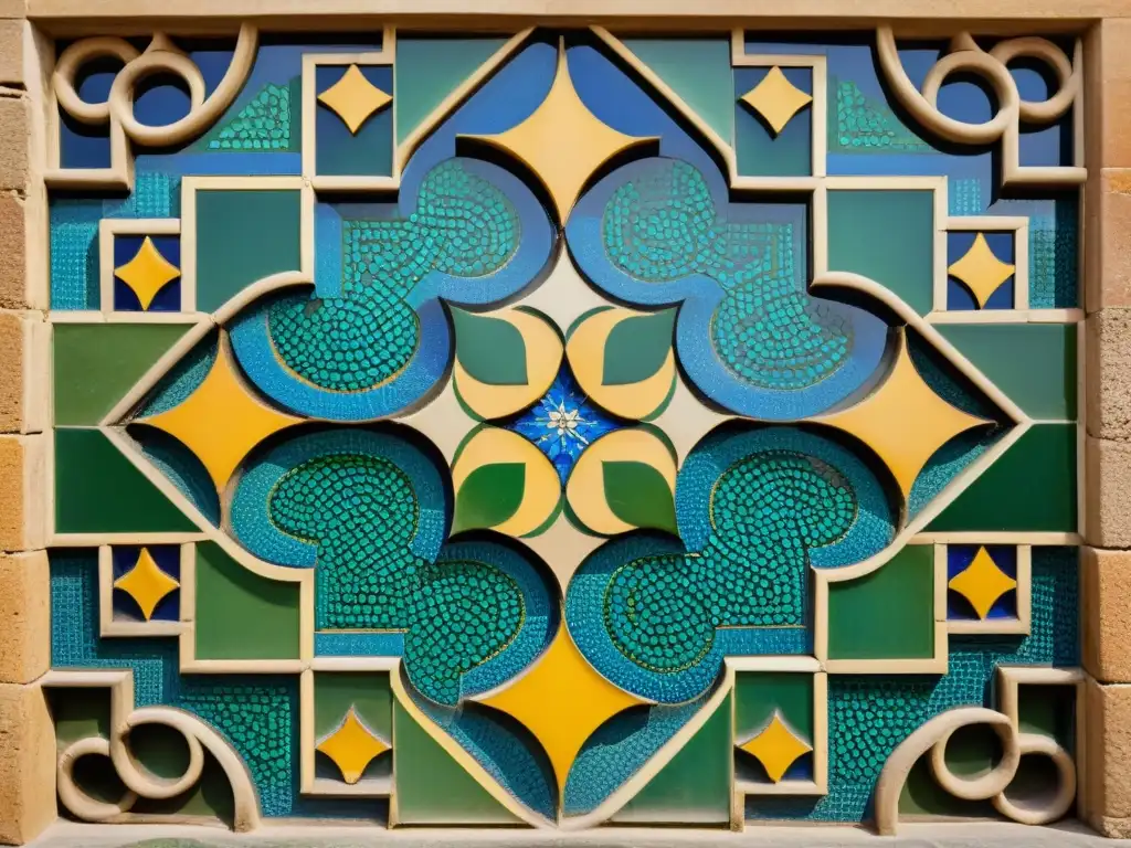 Detallado panel de mosaico árabe en la Alhambra, Granada, mostrando la evolución técnica del alicatado en el arte árabe