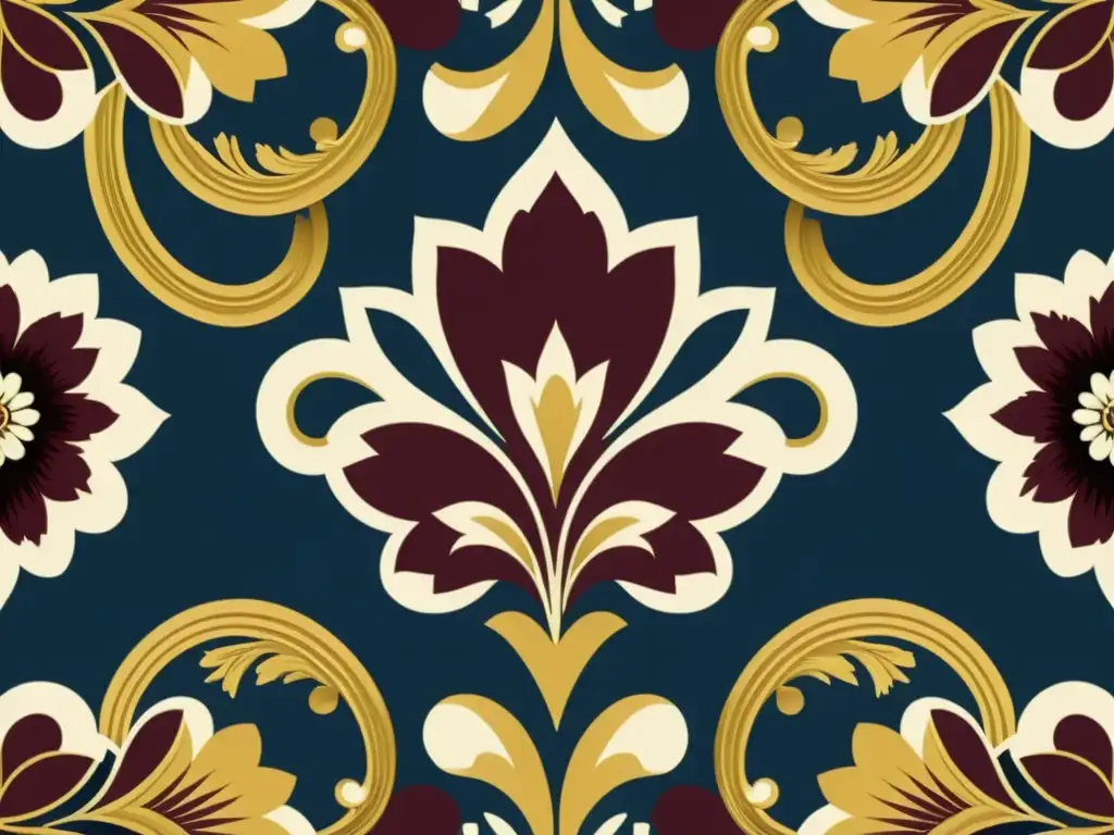 Vintage Wallpaper: Elegante diseño floral en tonos cálidos Detallado papel tapiz vintage con patrones artísticos para identidad de marca en tonos cálidos de burdeos, dorado y azul marino, exudando sofisticación atemporal