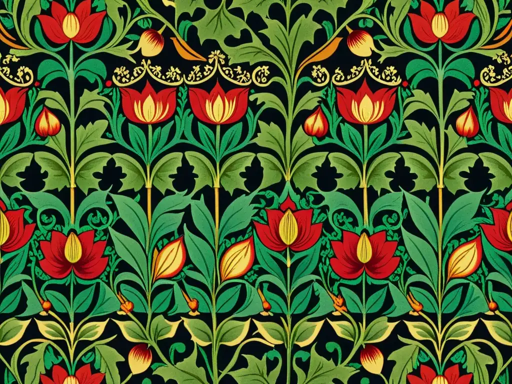 Un detallado patrón artístico de William Morris en tonos terrosos, evocando sofisticación y nostalgia