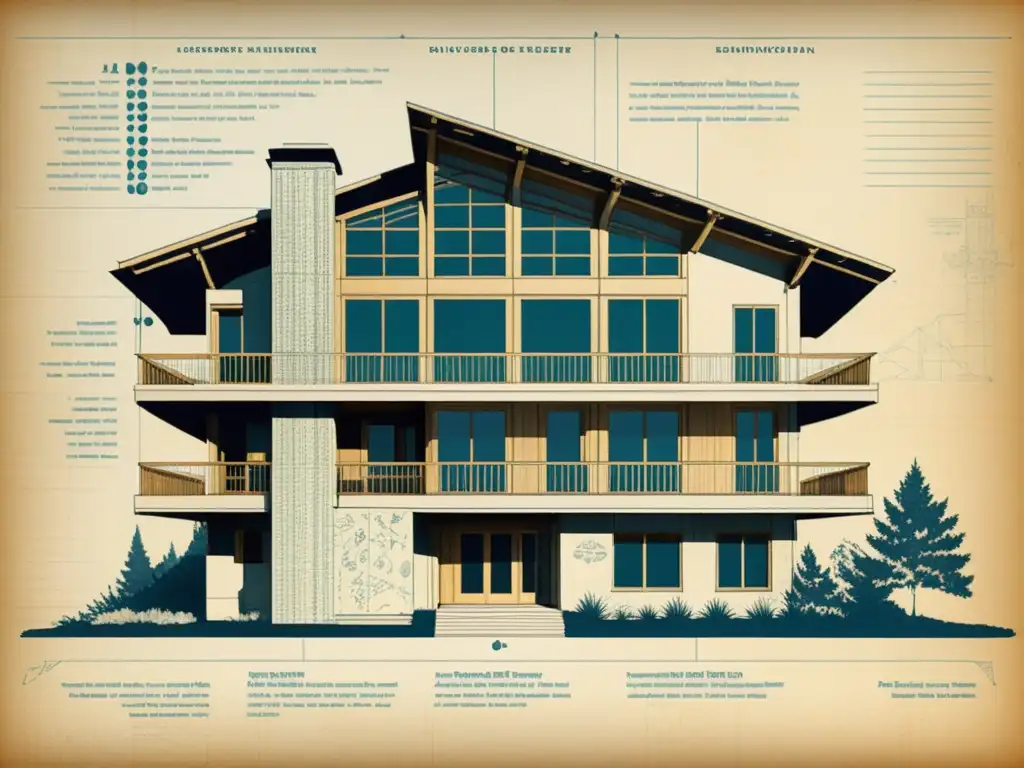 Un detallado plano arquitectónico vintage con patrones naturales en arquitectura sostenible, evocando artesanía atemporal