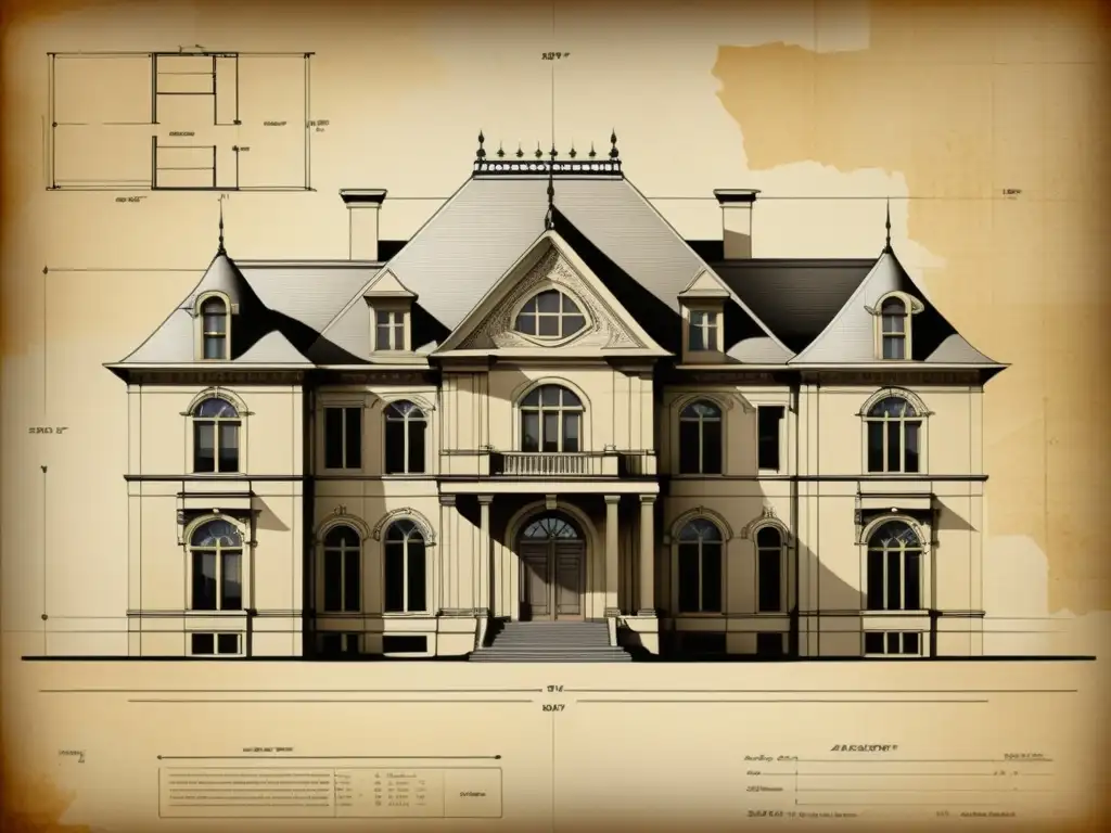 Detallado plano arquitectónico vintage en sepia, evocando nostalgia y elegancia
