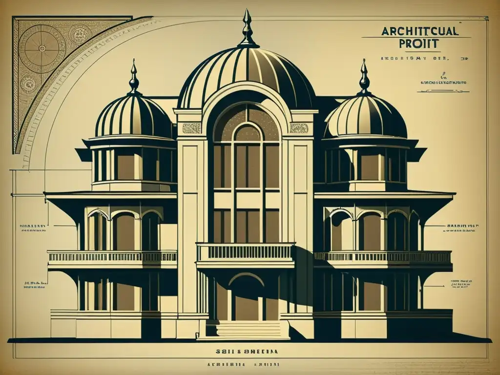Detallado plano vintage de diseño arquitectónico con patrones geométricos en tonos sepia