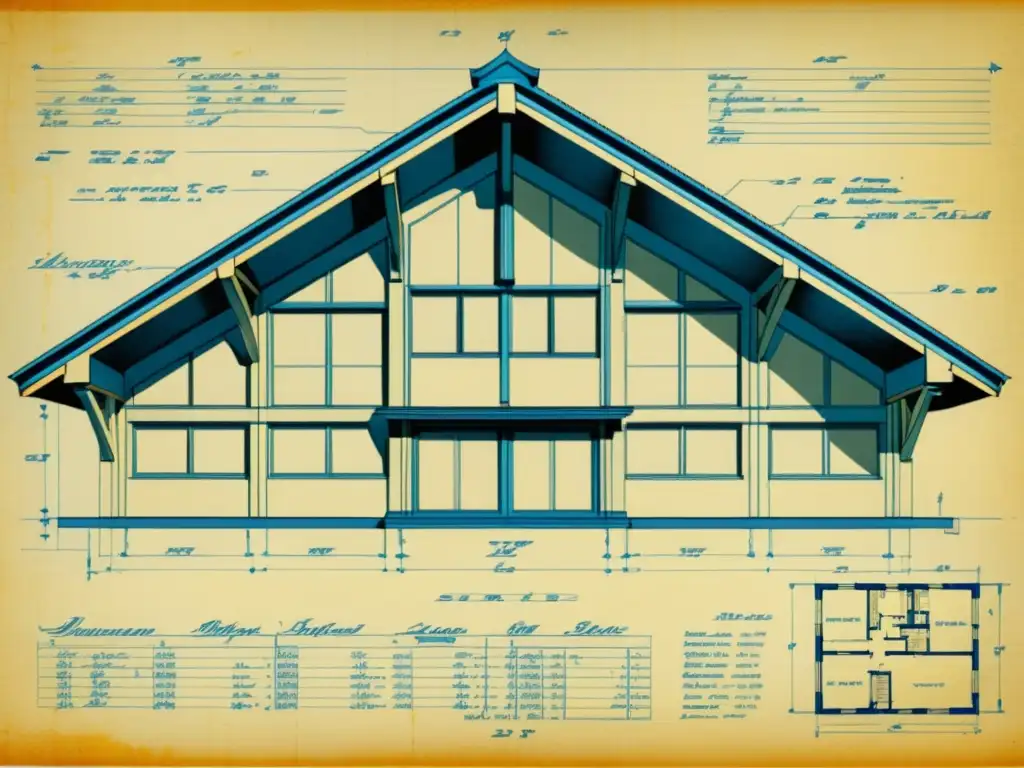 Un detallado plano vintage de una estructura arquitectónica moderna, con intrincados patrones estructurales y diseños de ingeniería