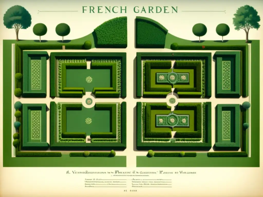 Un detallado plano de un jardín francés vintage con patrones botánicos meticulosamente diseñados y una elegancia atemporal