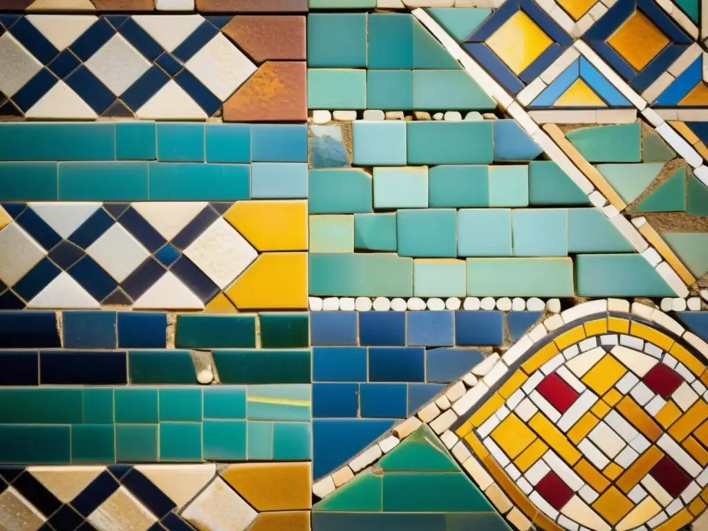 Un detallado primer plano de un patrón de mosaico vintage de un sitio histórico, con colores vibrantes e intrincadas formas geométricas