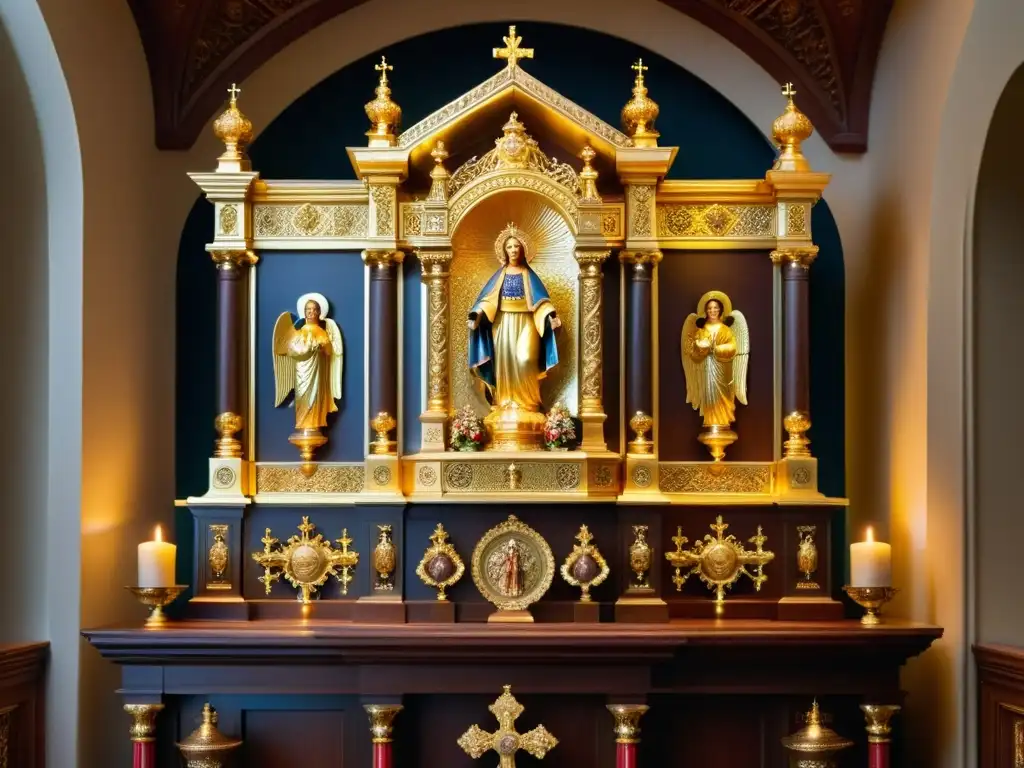 Un detallado retablo de madera con patrones barrocos y arte colonial América, iluminado por velas en una iglesia colonial