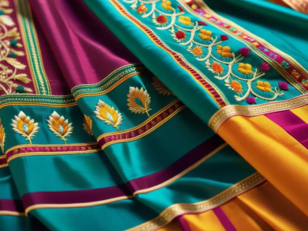 Detallado sari bordado, reflejo de expresiones culturales en tejidos de la India, con ricos colores y patrones intrincados