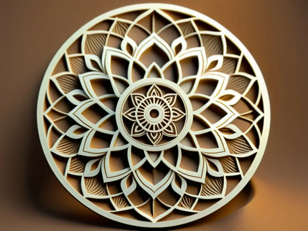 Detallado mandala geométrico con impresión 3D, simbolismos y elegancia en sepia