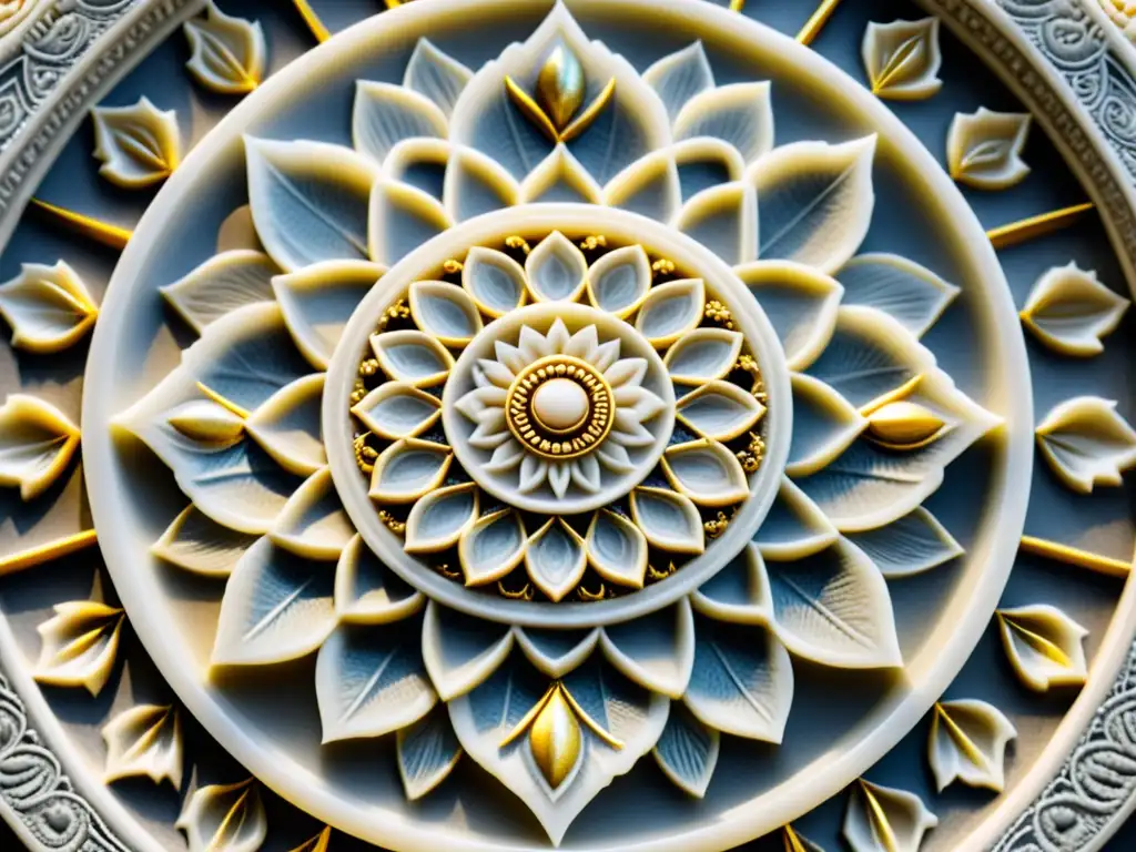 Detallado mandala de mármol con simetría radial en ricostexturas y patrones, evocando elegancia y significado cultural