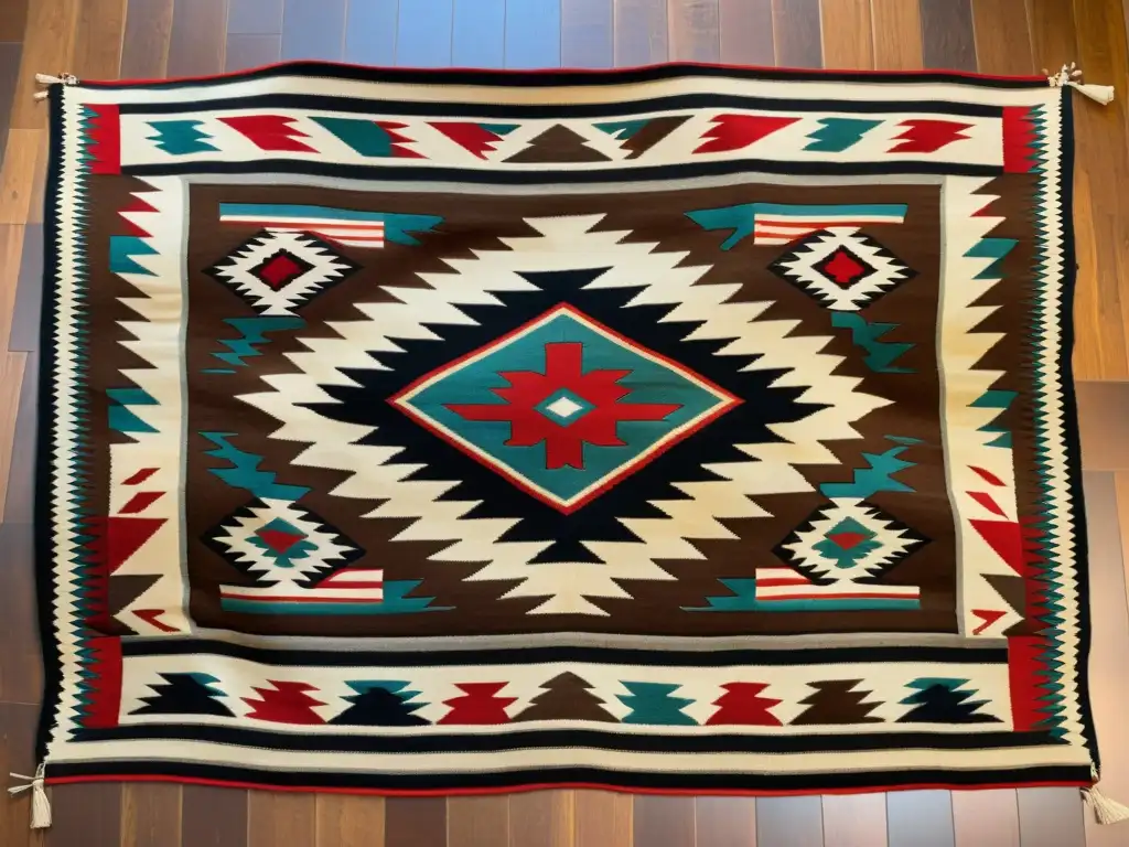 Detallado tapiz Navajo vintage con patrones artísticos arte nativo americano en colores tierra vibrantes y simbolismo histórico