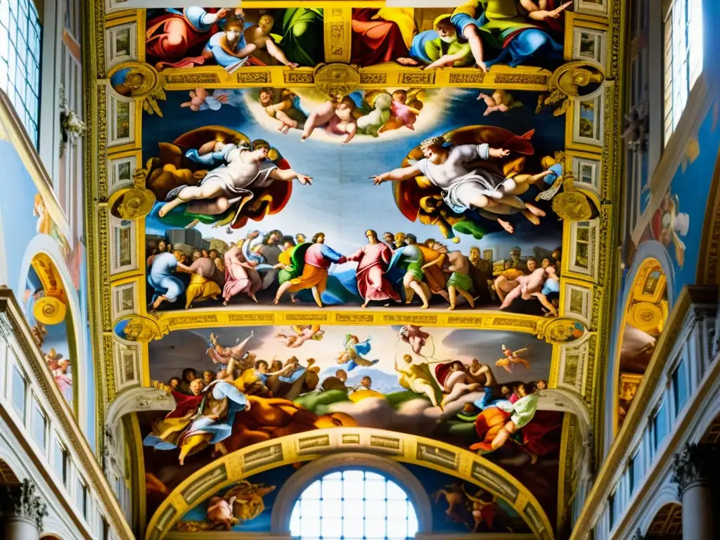 Detalles fascinantes del techo de la Capilla Sixtina en alta resolución Detallado techo renacentista en la Capilla Sixtina, con influencia de patrones renacentistas en diseño contemporáneo