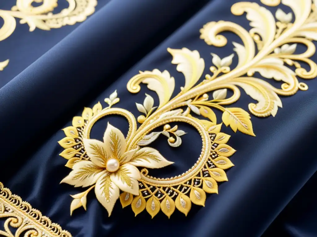 Detallado tejido barroco vintage con bordado de hilo dorado y plateado sobre fondo azul
