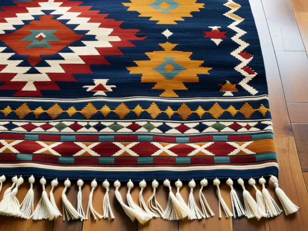 Detallado kilim tejido a mano en tonos tierra y añiles con influencia oriental en decoración europea