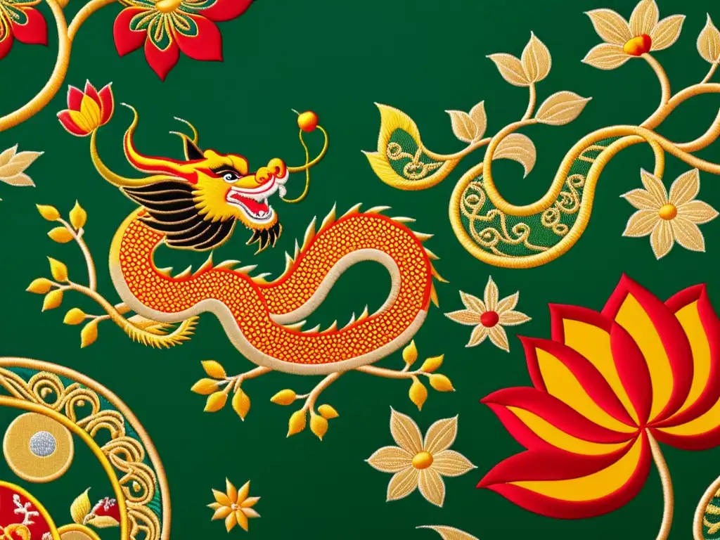 Detallado tejido de seda chino con patrones tradicionales de dragones, fénix y flores de loto