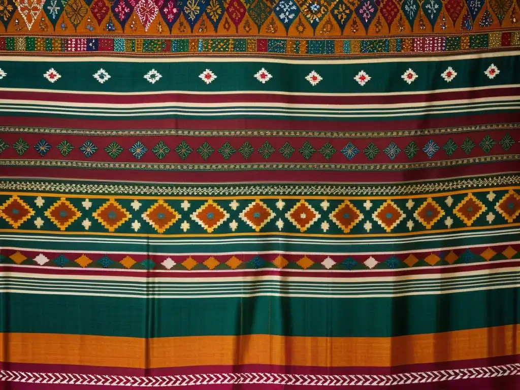 Detallado tejido de seda Patola de Gujarat, con ricos patrones geométricos y una paleta de colores terrosos