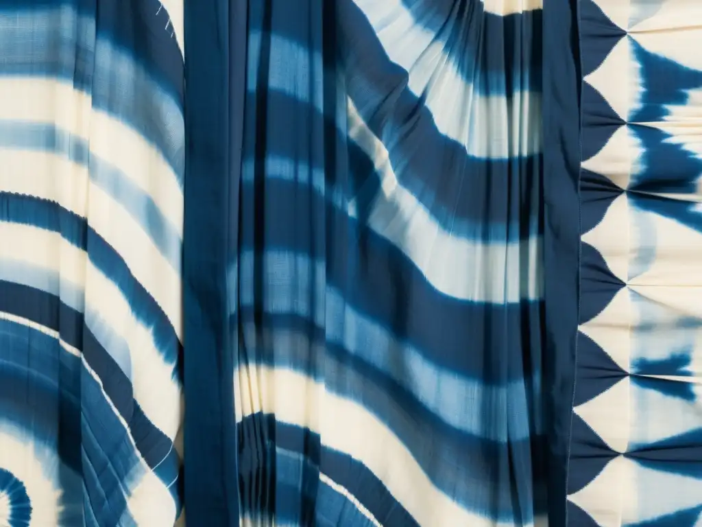 Detallado tejido Shibori vintage con técnicas diseño patrones Shibori, en indigo y variaciones de azul y blanco