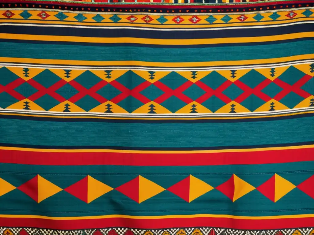 Detallado tejido tradicional Ewe con motivos étnicos en colores vibrantes y patrones geométricos, muestra la artesanía y significado cultural