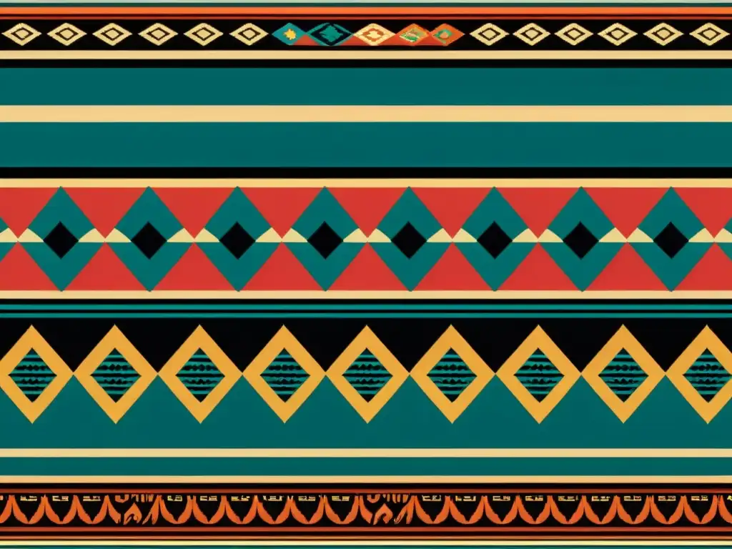 Detallado patrón textil ancestral con colores vibrantes y símbolos significativos, evocando tradición en diseño de productos actuales