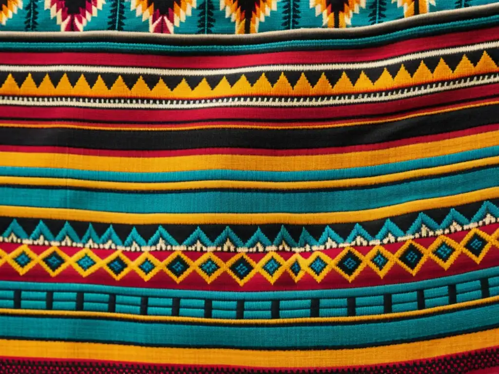 Detallado textil andino vintage con patrones artísticos moda Andes, colores vibrantes y simbología natural