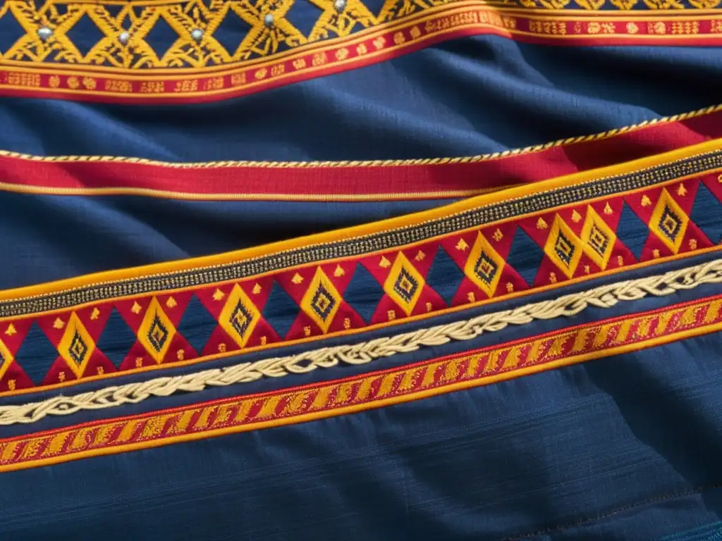 Detallado textil indio con ricos patrones de indigo, rubí y azafrán, capturando la esencia de los significados en los patrones textiles indios