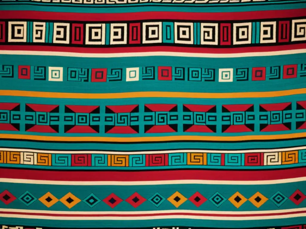 Detallado textil maya con patrones artísticos culturas antiguas, simbolismo espiritual y colores vibrantes