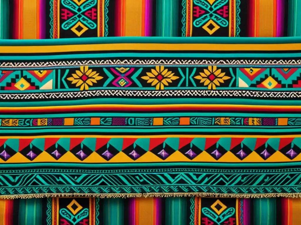 Detallado textil mexicano con patrones artísticos culturales globales, colores vibrantes y símbolos históricos