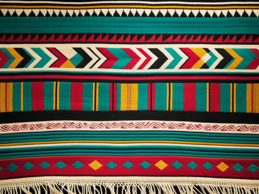 Detallado textil peruano con patrones culturales en colores vibrantes, representando la artesanía y herencia textil peruana