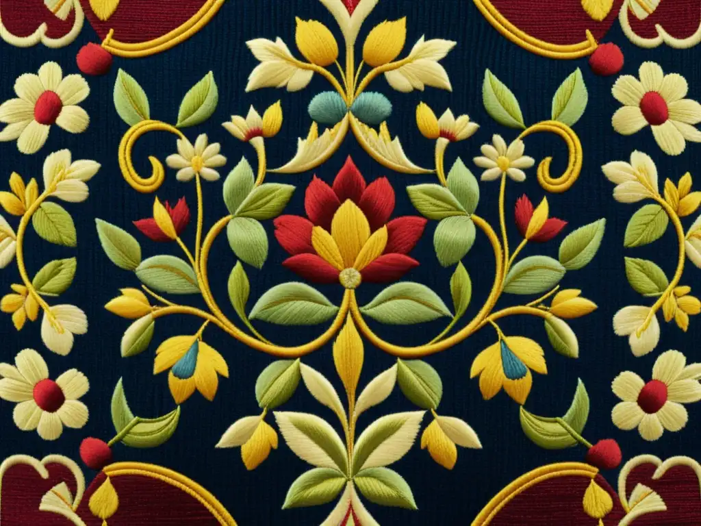 Detallado patrón textil vintage de alta gama con bordados elaborados y ricos colores, evocando la influencia histórica en la moda moderna
