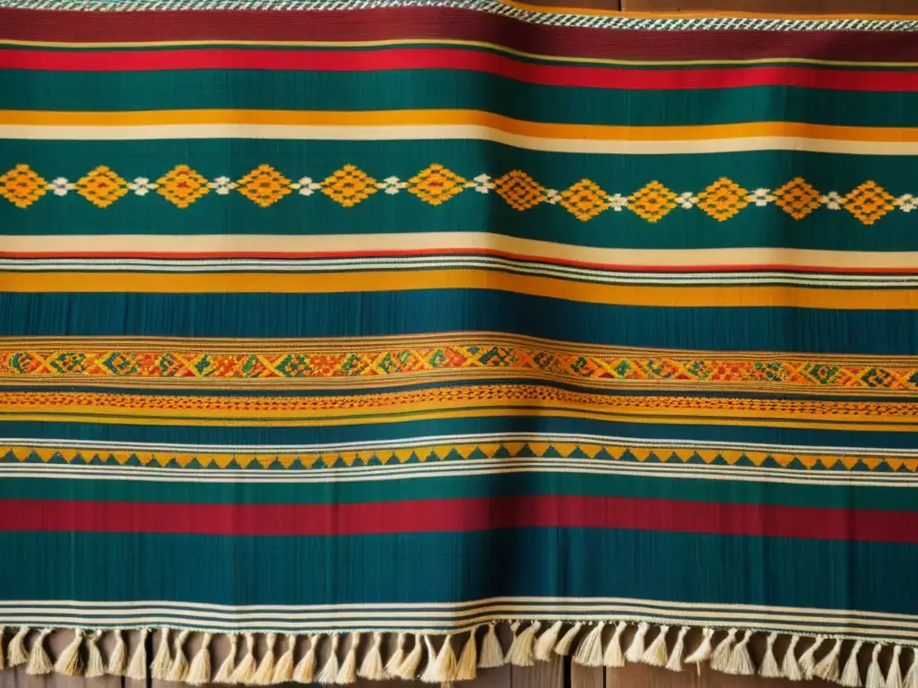 Detallado patrón textil vintage con colores vibrantes sobre madera envejecida, evocando intercambios internacionales de patrones textiles