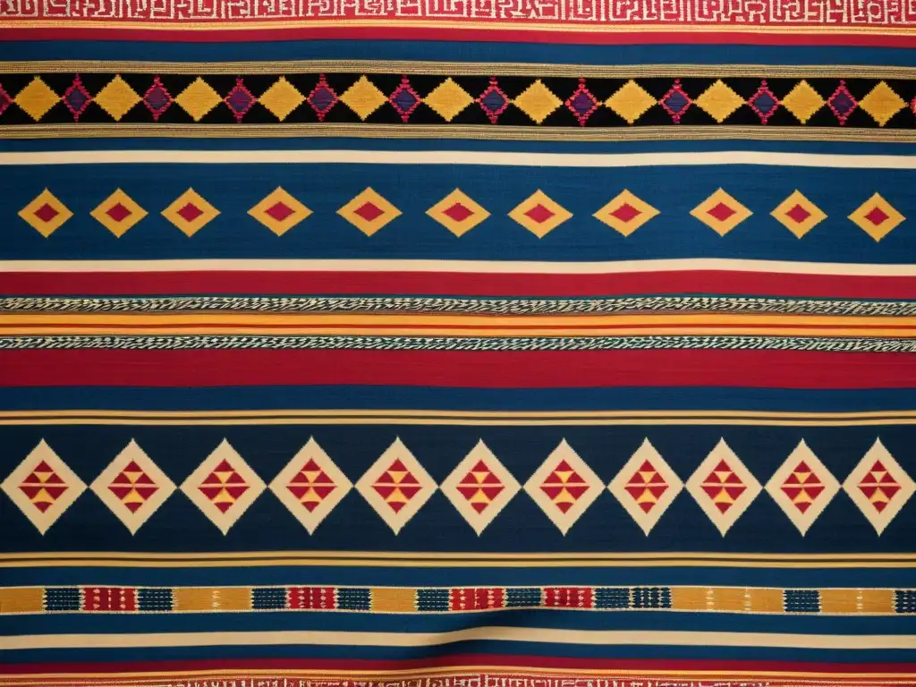 Detallado textil vintage con patrones étnicos auténticos en rojo, azul y dorado, reflejando la rica herencia cultural