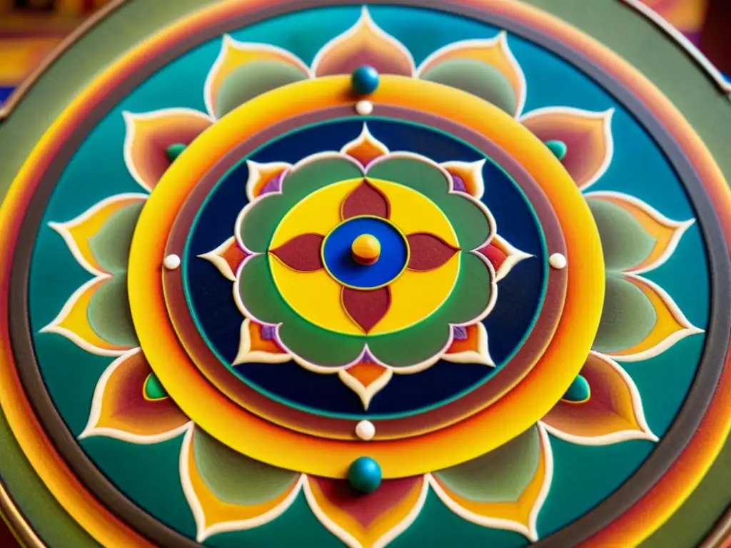 Detallado mandala tibetano de arena, arte vibrante con simbolismo espiritual y patrones precisos