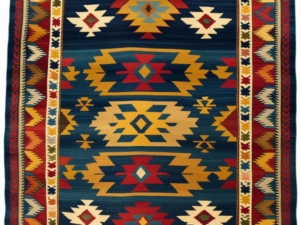 Detallado kilim turco en colores tierra, con patrones geométricos intrincados y artesanía fina, evocando la rica historia cultural de Turquía