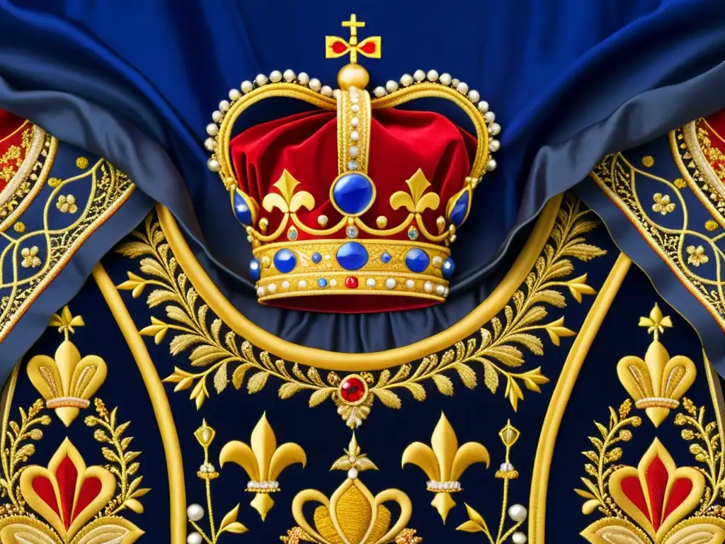 Vestido renacentista ricamente bordado: símbolos de poder y prestigio Detallado vestido renacentista de nobleza con emblemas y patrones, simbolizando poder y prestigio en opulentos tonos de oro, carmesí y azul real