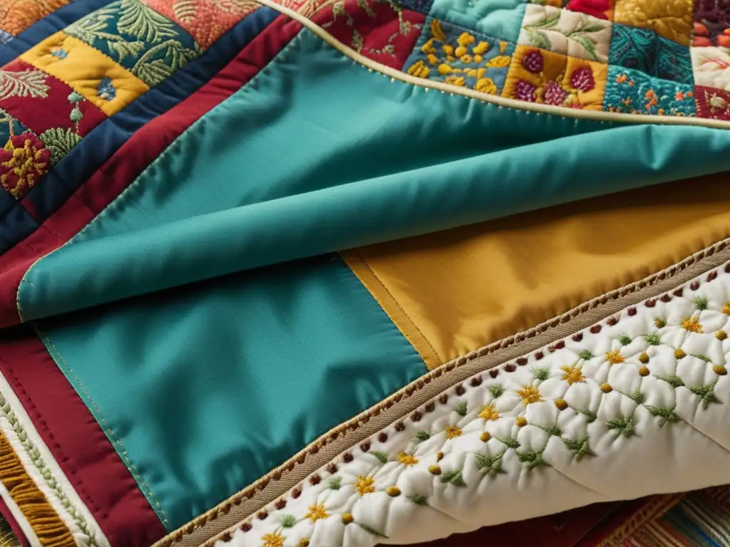 Arte en Retazos: Detalle de un Quilt Hecho a Mano Un detallado y vibrante patchwork artesanal con patrones artísticos culturas Festival Houston, evocando nostalgia y artesanía atemporal
