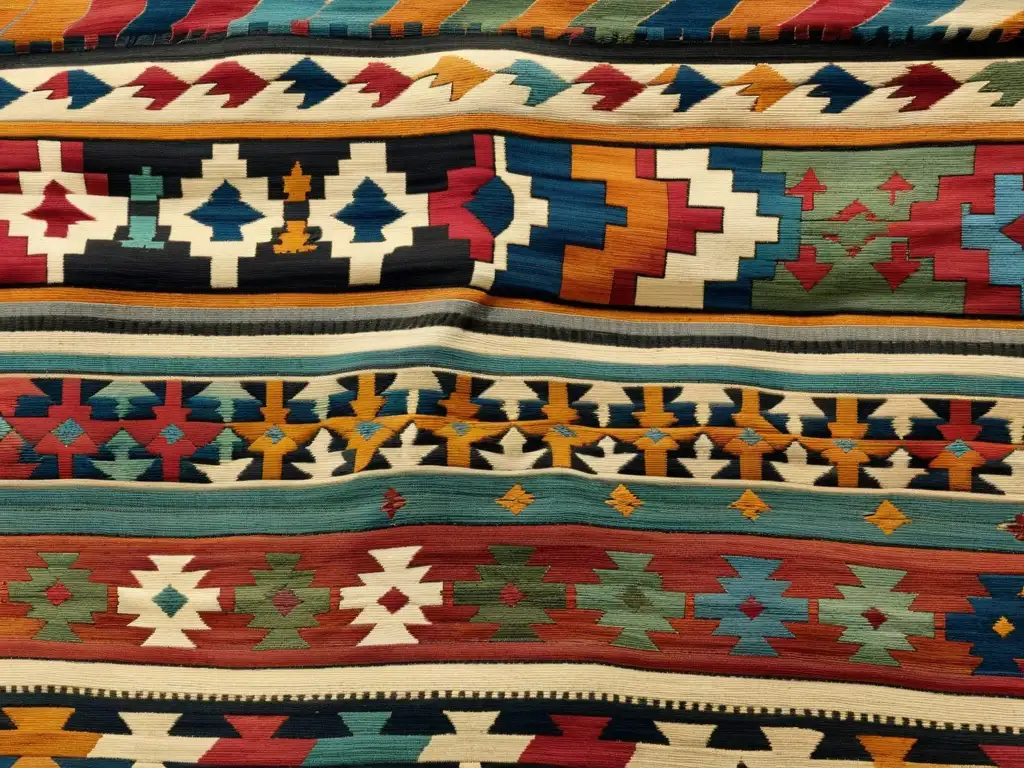 Detallado patrón Anatolio en kilim vintage, con colores tierra y textura desgastada
