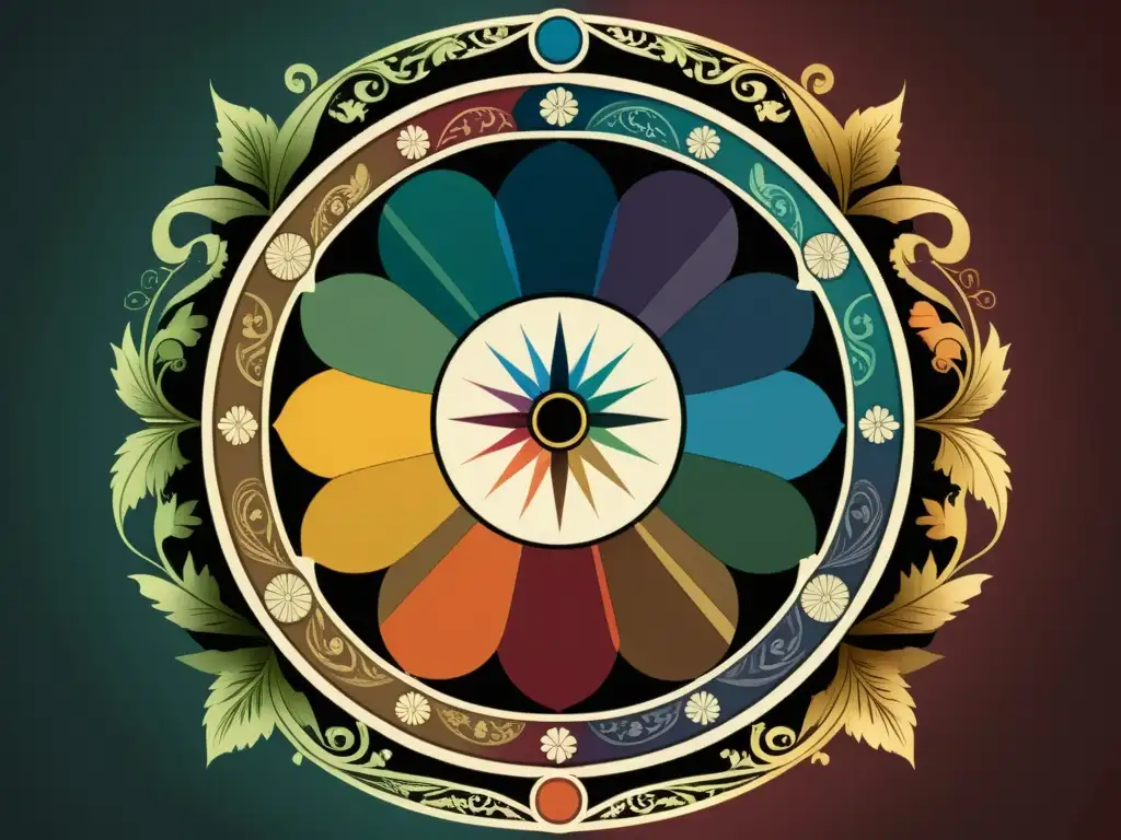 Colorido vintage: Ilustración detallada de un elegante círculo cromático Un detallado y vintage colorido, rodeado de marcos ornamentales antiguos, exudando elegancia artística